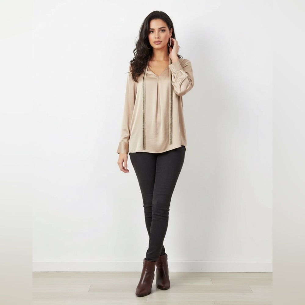 Chico's Taupe V-Neck Blouse with Tassel Trim